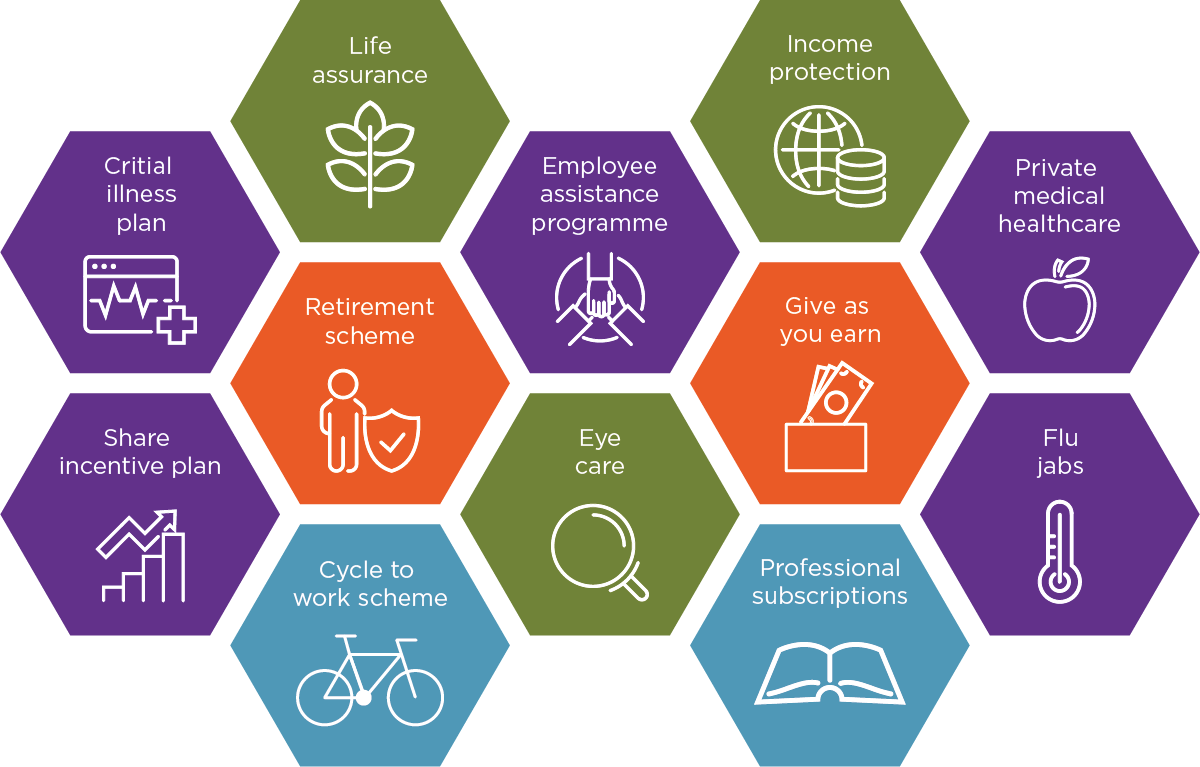 Life assurance, Income protection, Critical illness plan, Employee assistance programme, Private medical healthcare, Retirement scheme, Give as you earn, Company share incentive plan, Chair massage, Flu jabs, Cycle to work scheme, Payment of professional subscriptions, Eye care