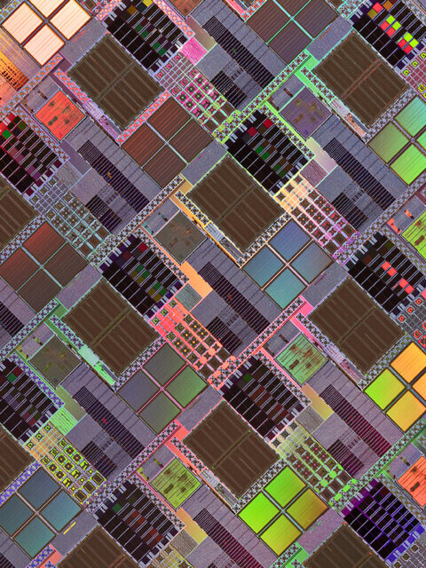 Closeup of semiconductor wafers used in data processing