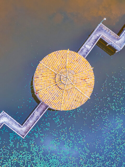 Aerial view of pagoda on boardwalk over water