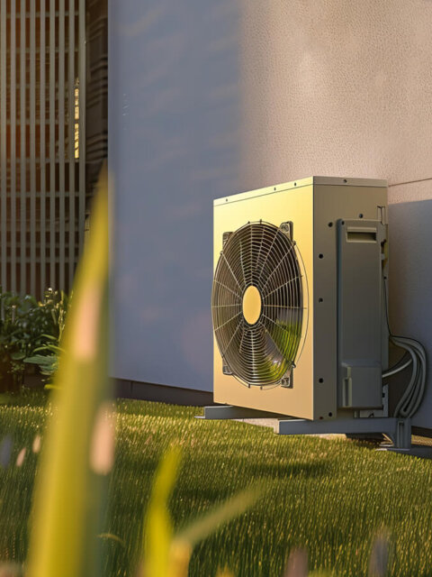 Air source heat pump installed on the wall of residential building in summer morning light