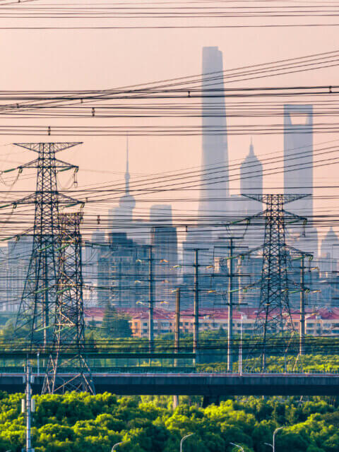 City skyline with network of electrical cables in front